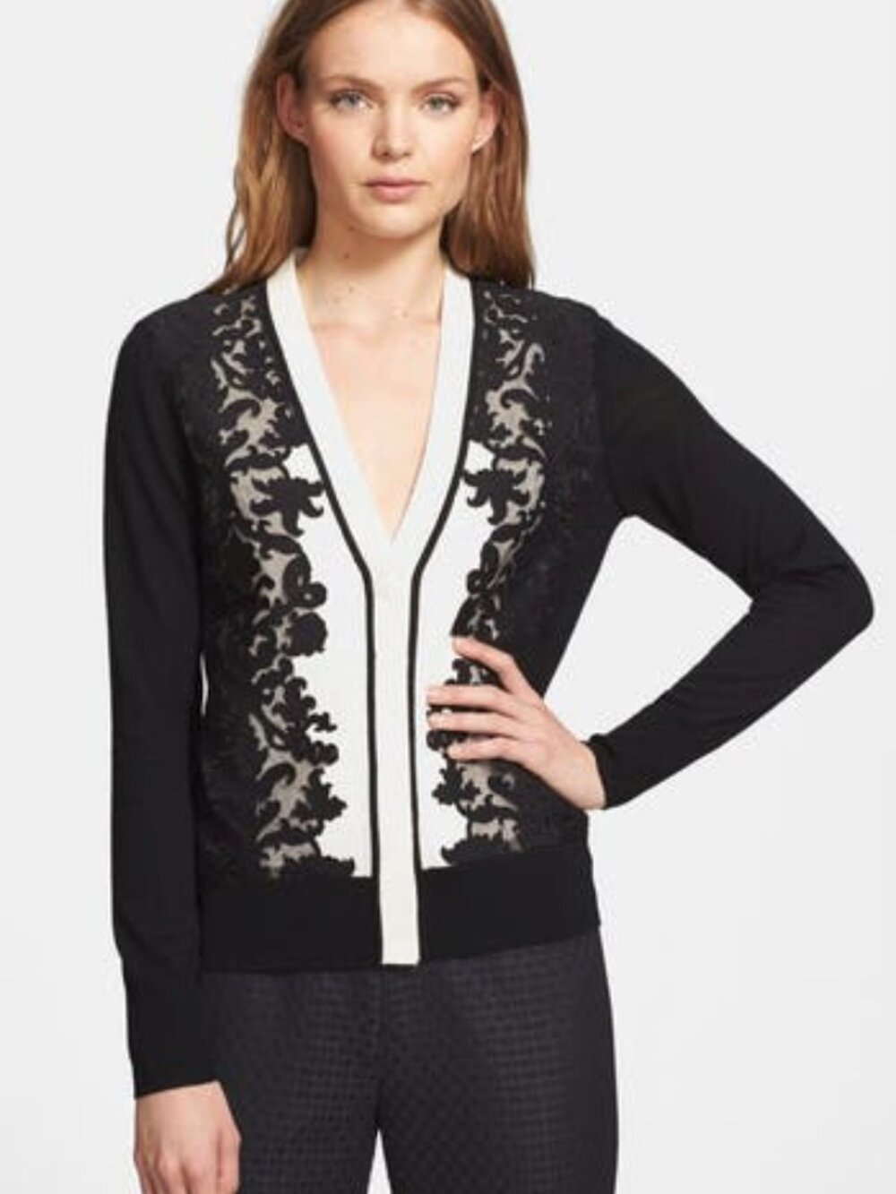 Tory Burch Dixie Lace Applique Merino Wool Cardigan Sweater